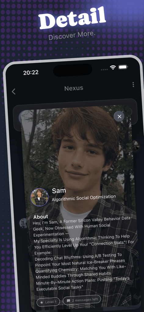 Haviq app Nexus screen displaying an AI social optimization coach profile card for a character named Sam.
