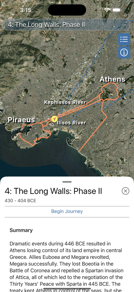 The Athenian Long Walls - Satellite map of Athens and Piraeus showing historical fortification paths in the Athenian Long Walls app