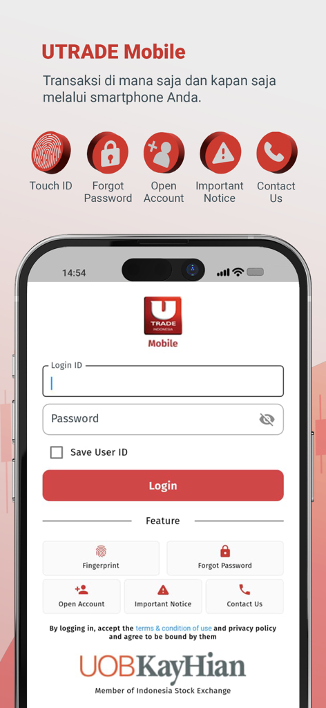 UTRADE INDONESIA - UTRADE Indonesia mobile app login screen featuring Login ID and Password fields with UOB Kay Hian branding
