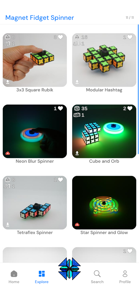 TOSY Magnet Play - Explore tab of TOSY Magnet Play app showing a gallery of magnetic build designs including fidget spinners and geometric cubes