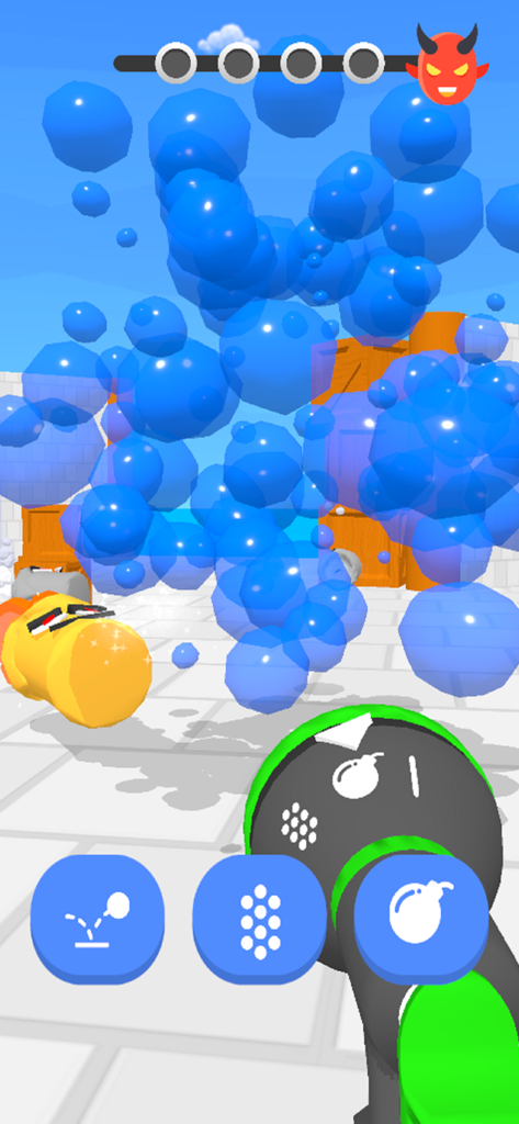 Aqua Boy! - Vista in prima persona di una pistola ad acqua multimodale che spruzza grandi bolle blu contro un personaggio giallo in Aqua Boy