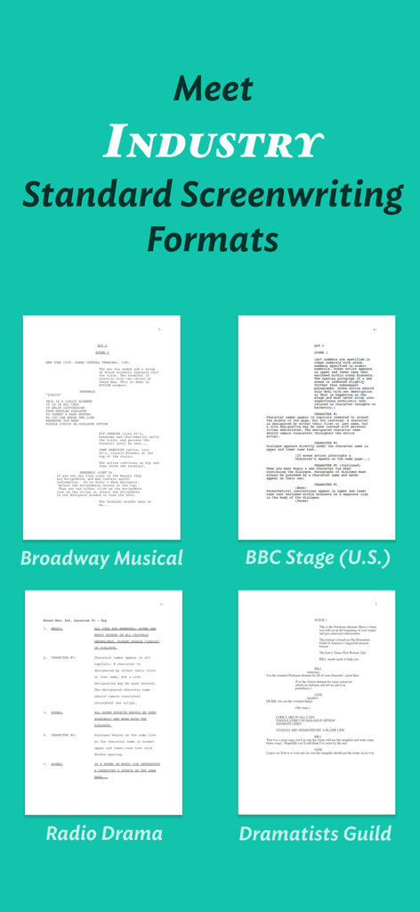 JotterPad - Novel, Screenplay - JotterPad 앱 인터페이스에서 브로드웨이 뮤지컬 및 BBC 무대극에 대한 업계 표준 시나리오 템플릿을 보여주는 중