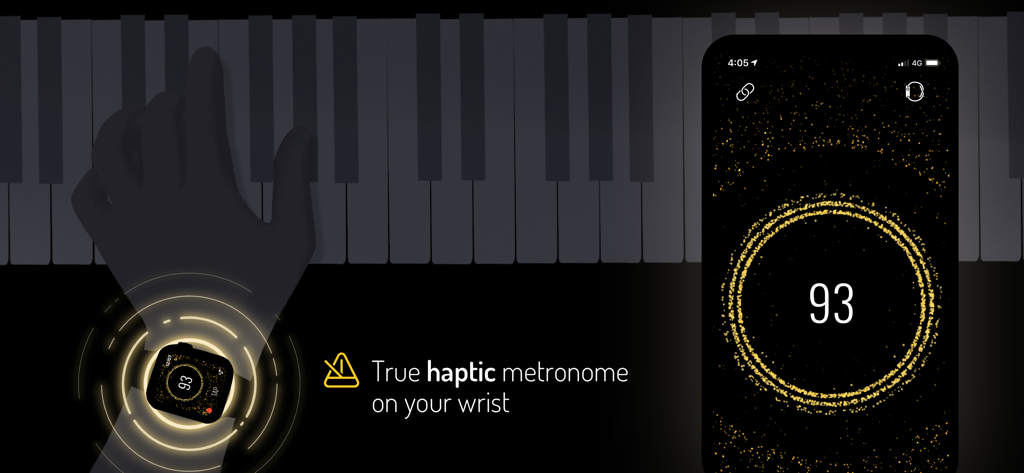 A musician wearing an Apple Watch while playing the piano using the haptik silent metronome app