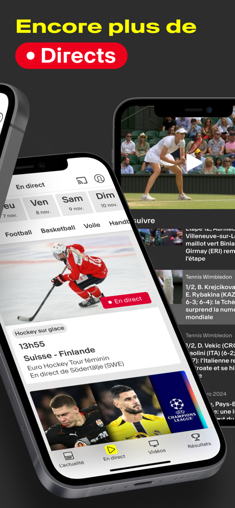 RTS Sport: Live et Actualité - Screenshots of the RTS Sport app showcasing live coverage of ice hockey and tennis