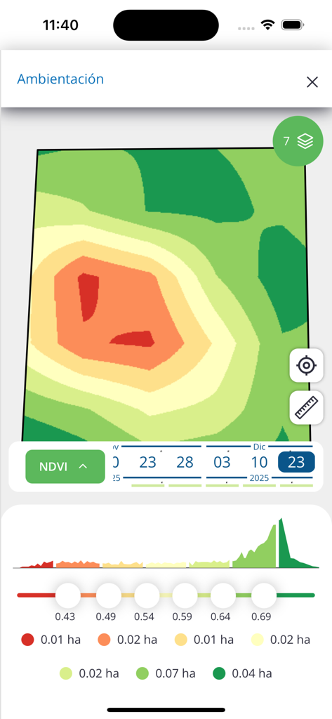 Auravant Fields - Auravant Fields mobile app displaying a vegetation index map for precision farm management