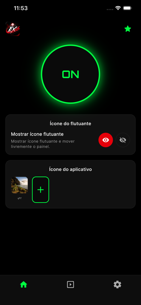 XIT Panel - Extreme Panel - Interfaz de la aplicación XIT Panel mostrando la pantalla de configuración para el ícono flotante y los ajustes de ícono de aplicación personalizados con un indicador de estado verde ON.
