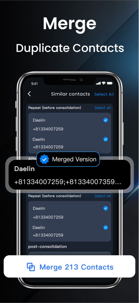 Easy Cleaner - Phone Cleanup - Easy Cleaner app interface showing how to merge duplicate contacts on an iPhone to organize address books.