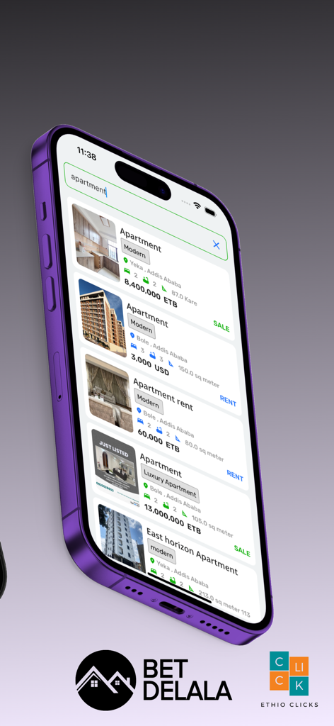 Bet Delala - iPhone screen displaying apartment search results for sale and rent in Addis Ababa Ethiopia on the Bet Delala app
