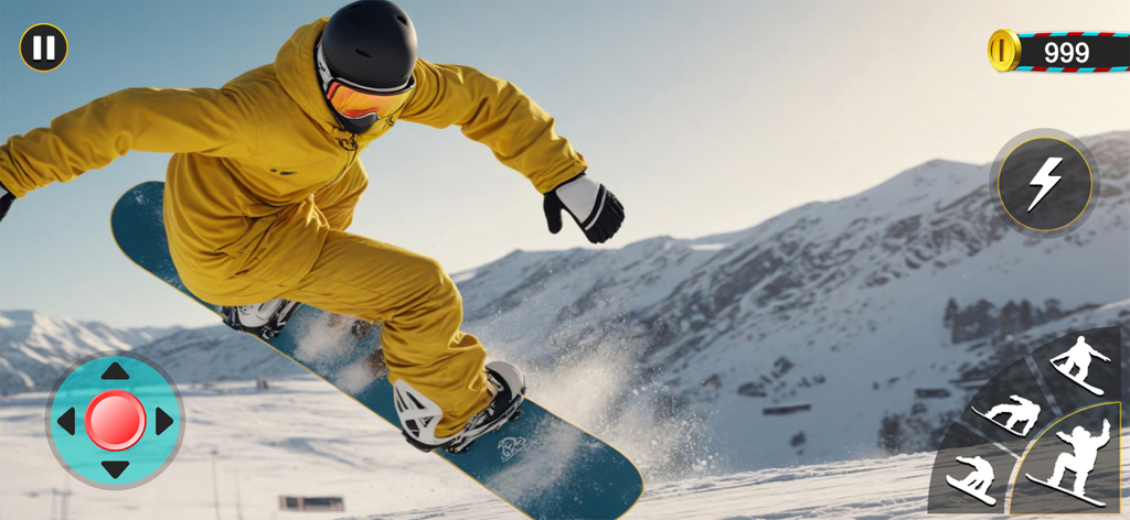 Skate Snowboarding - Ski Games - A character in yellow gear performing a snowboard stunt on a snowy mountain slope in the mobile game interface
