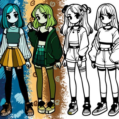 one girl with crop-top shirt and a jacket with a skirt, long socks and another girl with a shirt and pants with a jacket