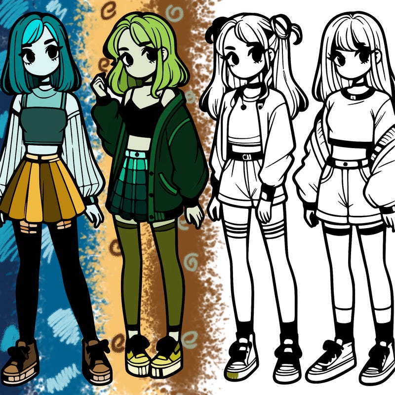 one girl with crop-top shirt and a jacket with a skirt, long socks and another girl with a shirt and pants with a jacket