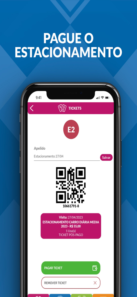 BCW+ - A mobile screen from the BCW plus app showing a digital parking ticket with a QR code and a button to pay for parking