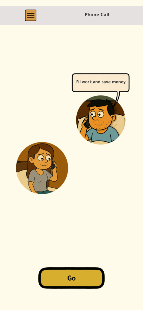 Cartoon scene of Zain and Noor talking on the phone with a speech bubble