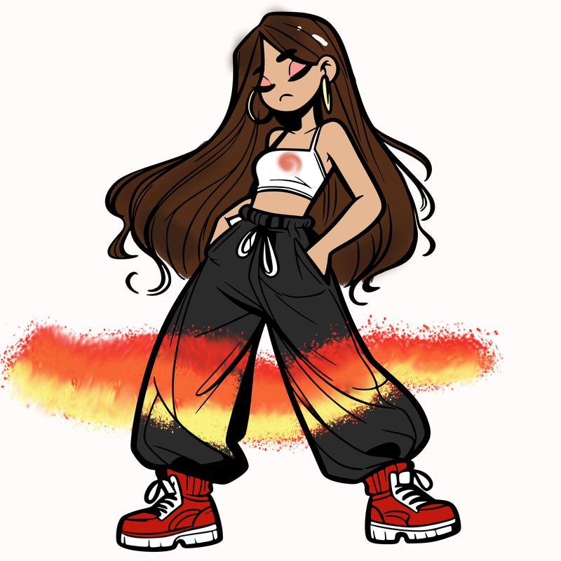 girl in baggy pants crop top and long hair