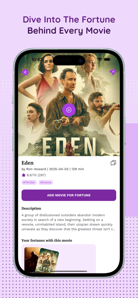App interface displaying movie details and a button to get a personalized cinematic fortune