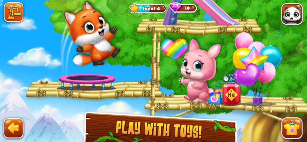 Panda Lu Treehouse - A fox jumping on a trampoline and a pink bunny holding a heart balloon in a bamboo treehouse