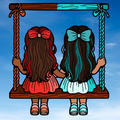 two sisters on a swing facing the back
