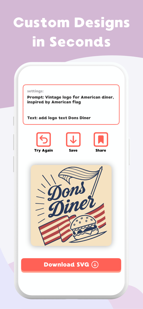Logify: AI Logo Maker & Design - Interface de l'application Logify montrant un logo vintage personnalisé pour Dons Diner créé à l'aide d'une invite IA.