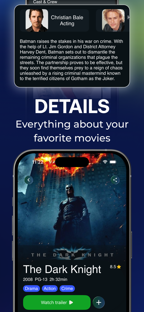 Detailed movie information page for The Dark Knight in the Onstream app showing cast, summary, and ratings.