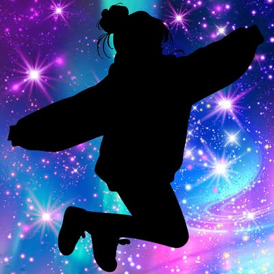 realistic girl jumping with a bun and oversized sweatshirt