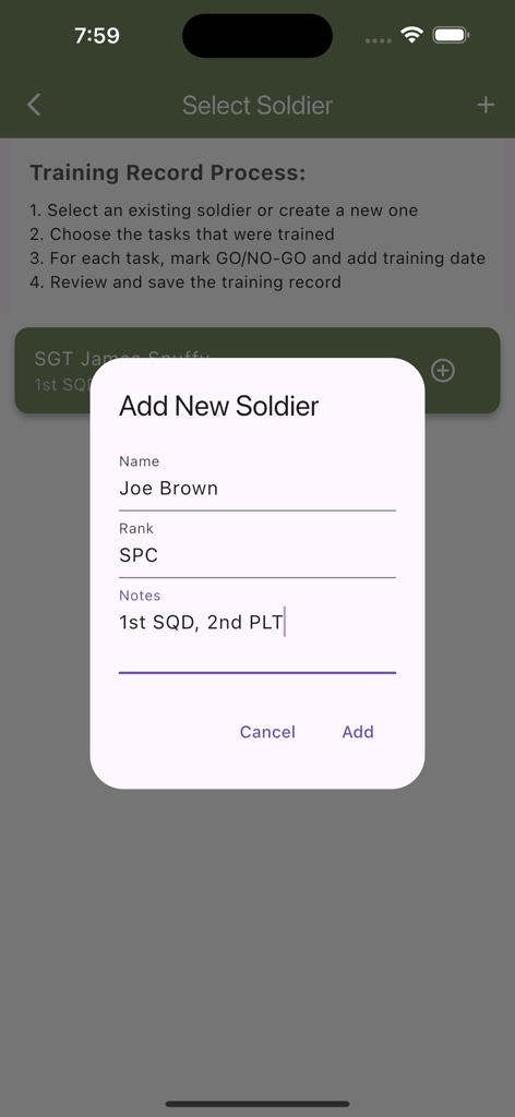 Army Ranger Handbook Trainer - A screenshot of the Army Ranger Handbook Trainer app showing a modal window to add a new soldier with fields for name, rank, and notes.