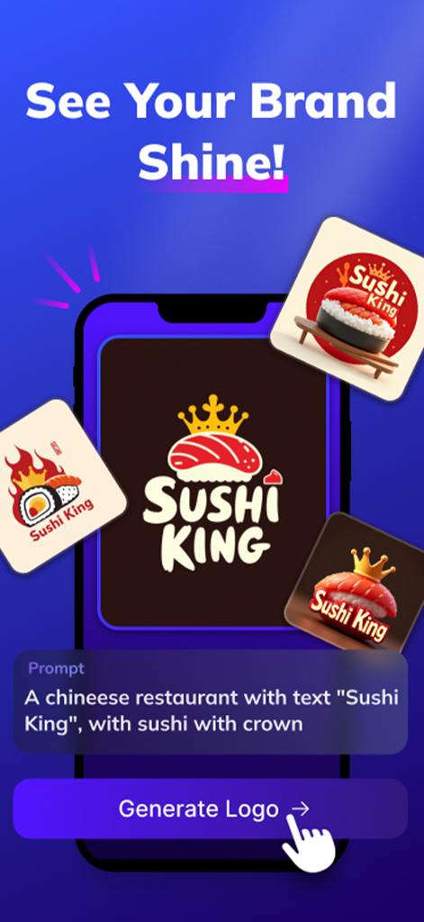 Sketch Logo AI: Logo Maker - A mobile app interface displaying multiple AI generated logo options for a sushi restaurant brand called Sushi King