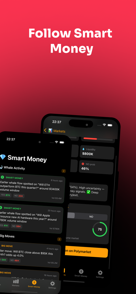 PolymarketSignals mobile app interface displaying smart money whale activity and big market moves for prediction trading