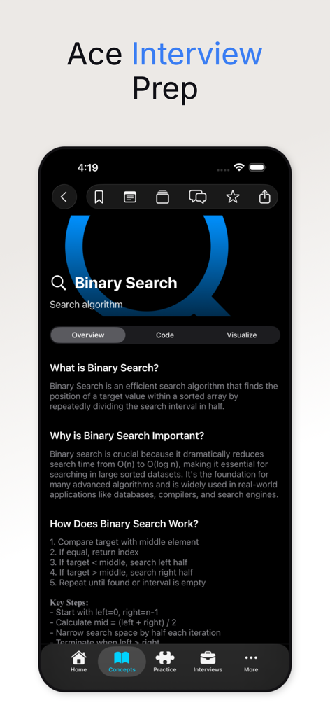기술 면접 준비를 위해 이진 검색 알고리즘을 설명하는 DSA Master 앱 스크린샷.