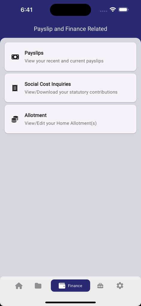 MSC Crewing Services - Finance and payslip management screen in the MSC Crewing Services app.