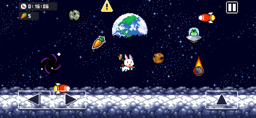 Poor Bunny! - A white pixel art bunny jumping in a space themed level avoiding traps and collecting carrots in Poor Bunny