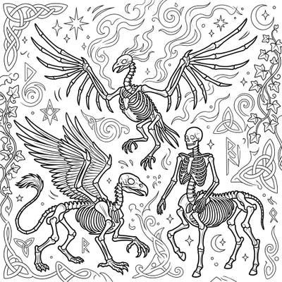 Delve into the fascinating realm of legendary beasts with this unique coloring page showcasing incredibly detailed skeletal mythical creatures. Perfect for fantasy enthusiasts, this design features phoenixes, griffins, and centaurs reimagined as ancient relics waiting for your artistic touch.