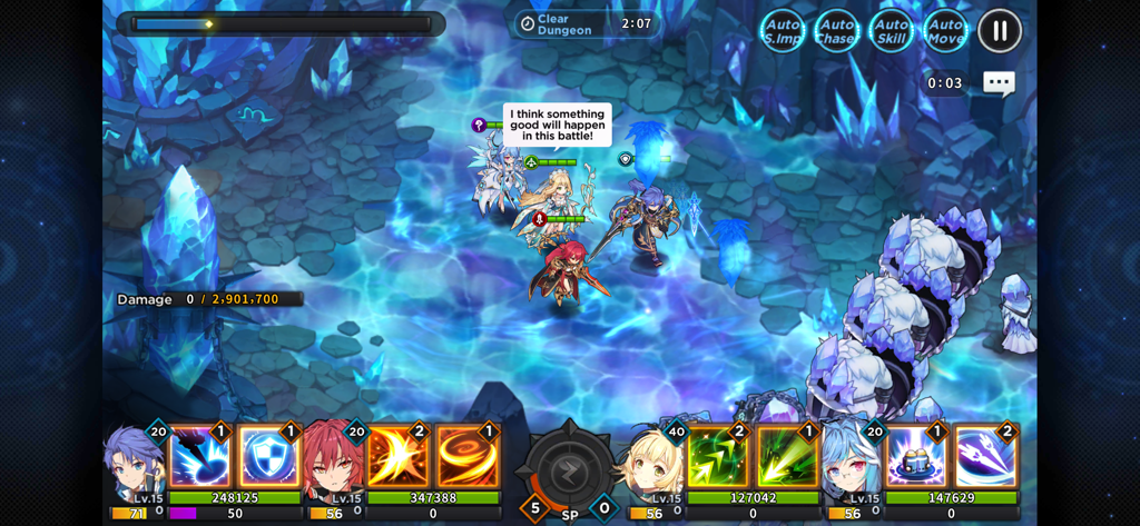 GrandChase - GrandChase gameplay screenshot showing a party of four anime heroes in a blue crystal dungeon battle.