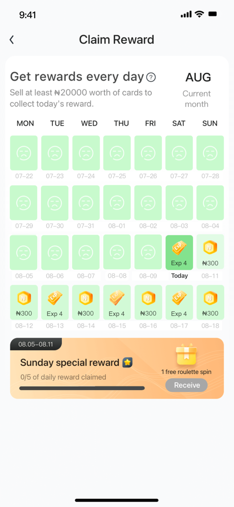 CardBrother - Sell Gift Cards - Capture d'écran de la page de réclamation des récompenses de l'application CardBrother montrant un calendrier quotidien et une récompense spéciale du dimanche