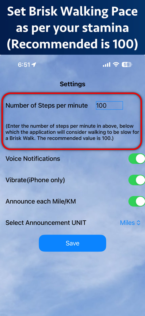 Brisk Walking Tracker - Settings screen of the Brisk Walking Tracker app where users can set their target steps per minute and toggle voice notifications.