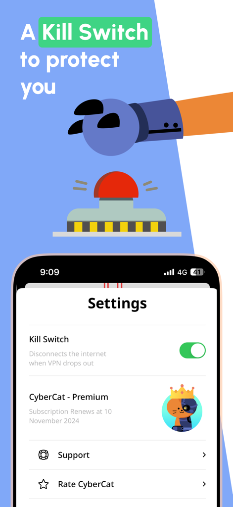 CyberCat VPN settings screen with Kill Switch enabled and a robotic cat paw illustration.