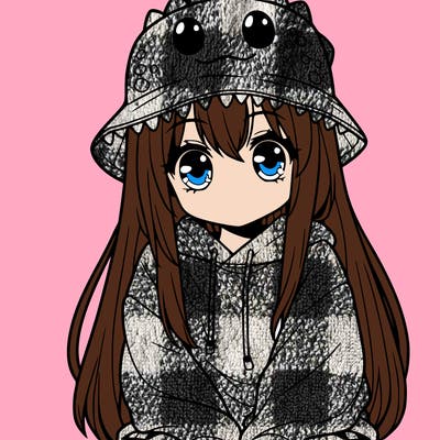 girl with anime shaped eyes with a dinosaur bucket hat oversized sweatshirt long straight hair