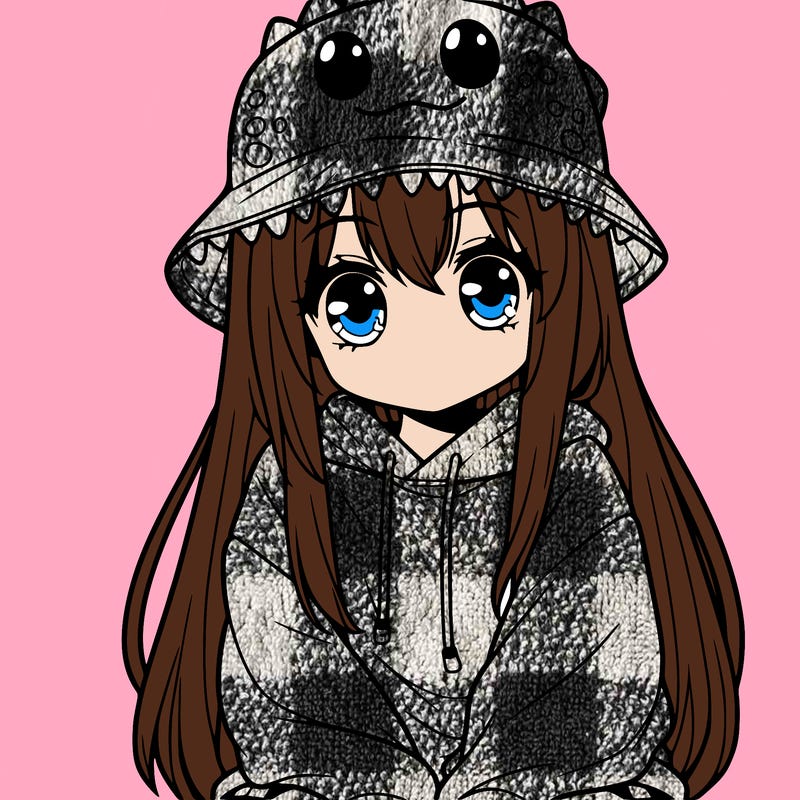 girl with anime shaped eyes with a dinosaur bucket hat oversized sweatshirt long straight hair