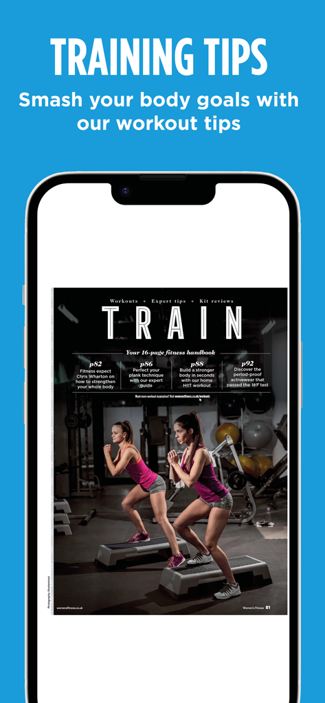 여성 피트니스 앱 스크린샷으로 훈련 팁과 체육관에서 운동하는 여성들이 보입니다.