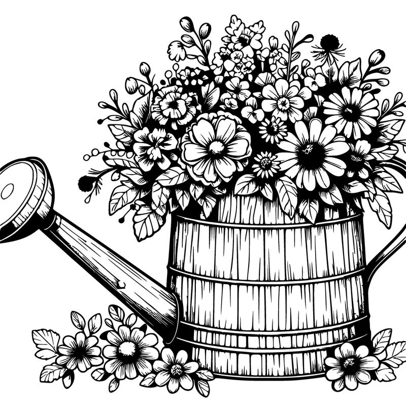 rustic watering can with lots of flowers realistic