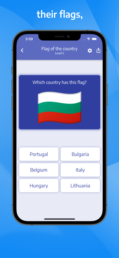 Eine Geografie-Quiz-Oberfläche, auf der die Flagge von Bulgarien aus mehreren Auswahlmöglichkeiten identifiziert werden soll