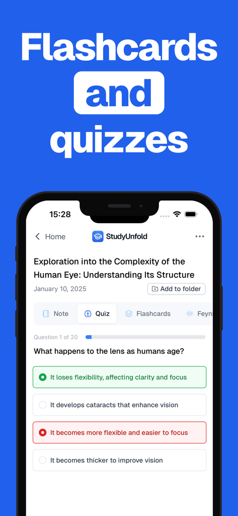 Pantalla de un smartphone que muestra un cuestionario de opción múltiple sobre anatomía del ojo humano dentro de la aplicación educativa StudyUnfold