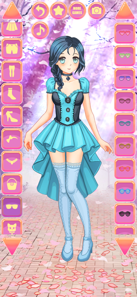 An anime girl with blue hair wearing a blue gothic dress and lace stockings in a fashion game interface