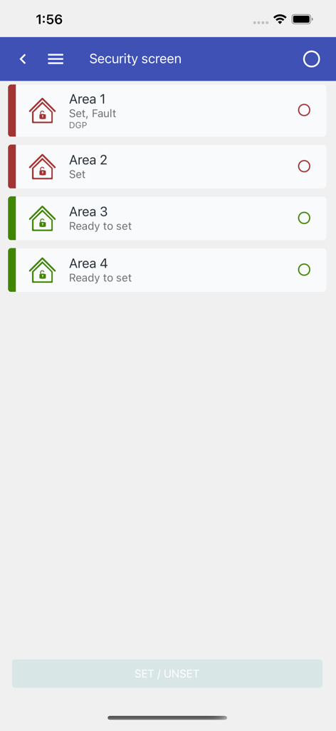 Advisor Advanced Pro - Pantalla de seguridad de Advisor Advanced Pro que muestra el estado de diferentes áreas protegidas