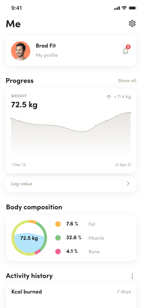 Studio Pura Vida - Studio Pura Vida app dashboard showing weight progress graph and body composition metrics