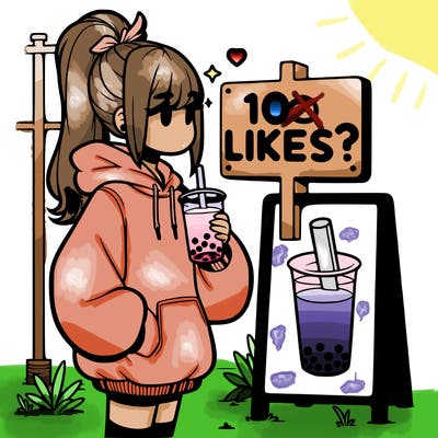 girl with oversized hoodie drinking boba and she has a high ponytail with a sign that says 10likes?