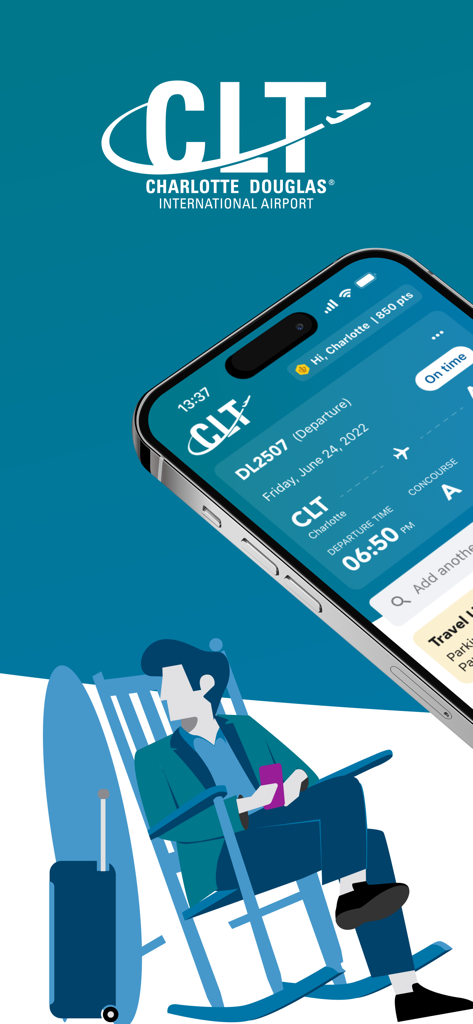 CLT Airport - Pantalla de bienvenida de la aplicación del Aeropuerto CLT con información de seguimiento de vuelos e ilustración de un viajero en una mecedora
