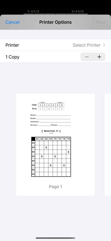 A mobile interface showing printer options and a preview of a generated master key matrix from the Master It app