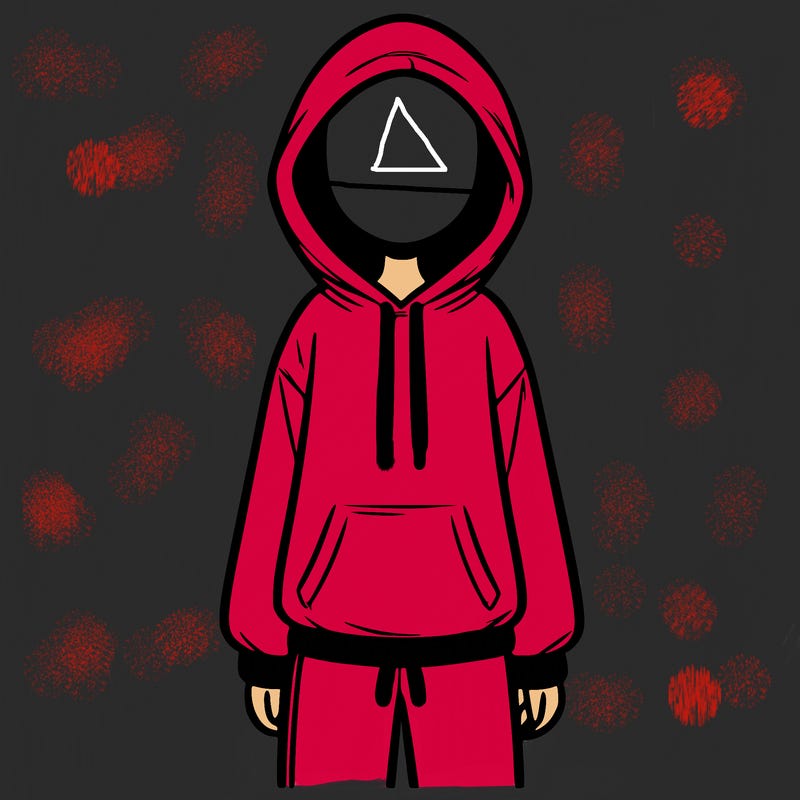 faceless girl in a tracksuit with a hood on and no hair