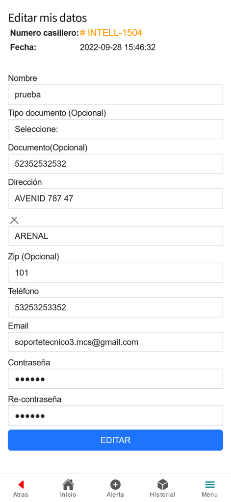 Intelliship - User profile editing screen for the Intelliship shipping app showing personal and locker information fields