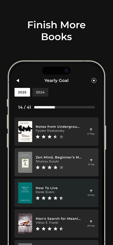 BookNote - Book Tracker & TBR - Interfaz de la aplicación BookNote mostrando la barra de progreso de la meta de lectura anual de 2025 y una lista de libros terminados con calificaciones de estrellas.